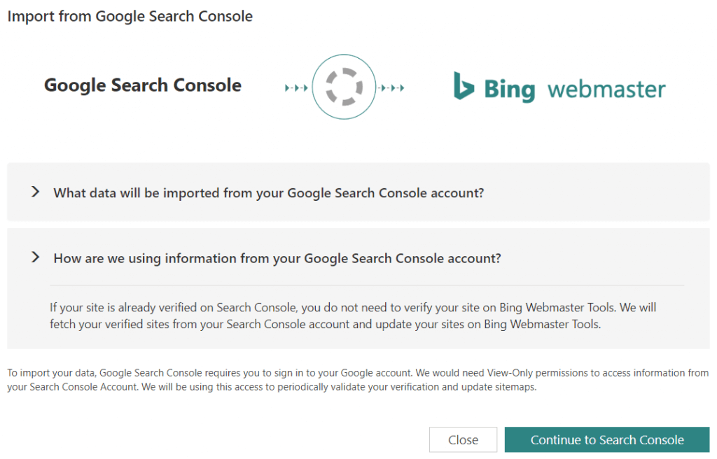 Bing Webmaster Tools permette di importare le autorizzazioni da Google Search Console